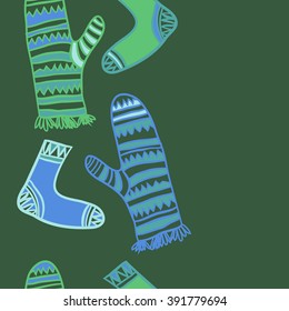 Vertical pattern of mittens,socks, doodles, hole, zigzag, seamless ,fringe, copy space. Hand drawn.