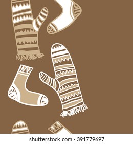 Vertical pattern of mittens,socks, doodles, hole, zigzag, seamless ,fringe, copy space. Hand drawn.