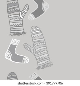 Vertical pattern of mittens,socks, doodles, hole, zigzag, seamless ,fringe, copy space. Hand drawn.