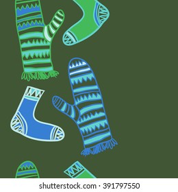 Vertical pattern of mittens,socks, doodles, hole, zigzag, seamless ,fringe, copy space. Hand drawn.