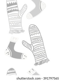 Vertical pattern of mittens,socks, doodles, hole, zigzag, seamless ,fringe, copy space. Hand drawn.