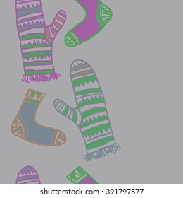 Vertical pattern of mittens,socks, doodles, hole, zigzag, seamless ,fringe, copy space. Hand drawn.