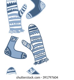 Vertical pattern of mittens,socks, doodles, hole, zigzag, seamless ,fringe, copy space. Hand drawn.