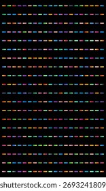 Padrão vertical de linhas tracejadas multicoloridas em um plano de fundo preto.