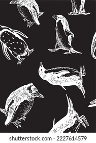Pingüinos de patrón vertical sobre fondo negro, cubierta de animales elegantes para tela, postales, papel de pared, ilustración vectorial gráfica 