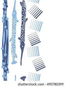 Vertical pattern of sea fishes, seamless. Hand drawn.