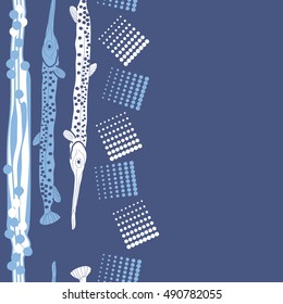 Vertical pattern of sea fishes, seamless. Hand drawn.