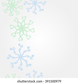Vertical pattern of snowflakes , doodles, hole, ellipses,  copy space. Hand drawn.