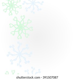 Vertical pattern of snowflakes , doodles, hole, ellipses,  copy space. Hand drawn.