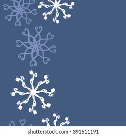 Vertical pattern of snowflakes , doodles, hole, ellipses, seamless , copy space. Hand drawn.