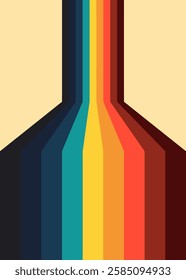 Vertical pattern: strips of rainbow colors, earthy tones, falling down from a wall to the floor then going into the void. Three-dimensional space, seventies retro vibe.
