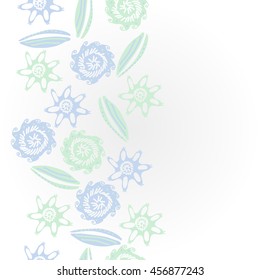   vertical    pattern of  stylized floral motif, doodles, leaves, spot, hole,  spirals, object, copy space. Hand drawn.