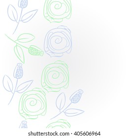 Vertical pattern of stylized rosy,leaves,  floral, spirals, branches, buds, copy space. Hand drawn.