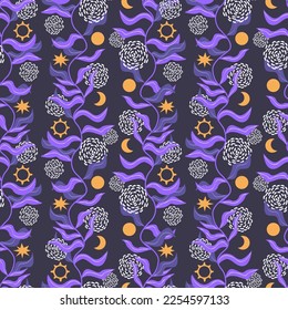 Vertical pattern, sun, moon, stars.Seamless pattern