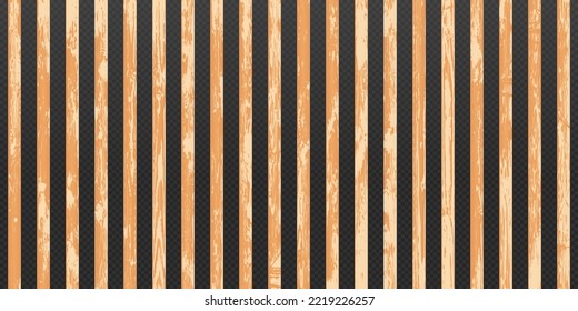 Vertical pattern of thin wooden textured lamellas with timber print. Fence made of oak lath. Screen with rustic effect. Natural hardwood background. Vector illustration. Exterior design