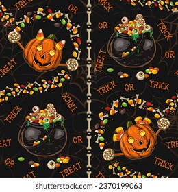 Vertical pattern with witch cauldron full of traditional halloween candy, eyeballs, pumpkin heads like happy kids, text. Drops of green goo, slime. Grunge silhouette of spider web behind