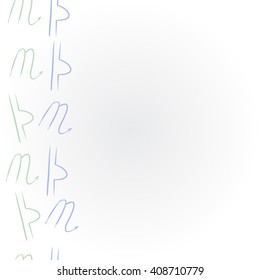 Vertical     pattern of zodiac signs, doodles, libra, scorpio,object,  copy space. Hand drawn.