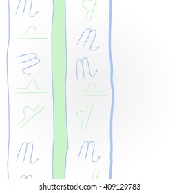 Vertical  pattern of zodiac signs, doodles, libra,scorpio, object, stripes, spots, copy space. Hand drawn.