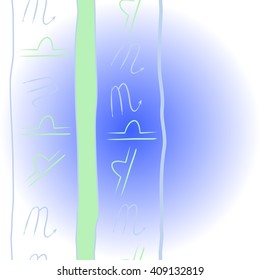 Vertical  pattern of zodiac signs, doodles, libra,scorpio, object, stripes, spots, copy space. Hand drawn.