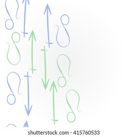 Vertical pattern of zodiac signs, doodles, object,sagittarius,lions, copy space. Hand drawn.