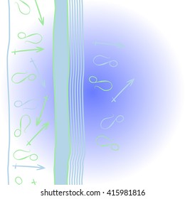 Vertical     pattern of zodiac signs, doodles, object,sagittarius,lions, stripes,spots, copy space. Hand drawn.
