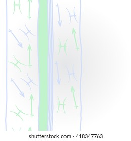 Vertical    pattern of zodiac signs, doodles, object,pisces,sagittarius,stripes, spot, copy space. Hand drawn.