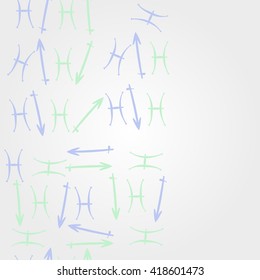 Vertical    pattern of zodiac signs, doodles, object,pisces,sagittarius, copy space. Hand drawn.