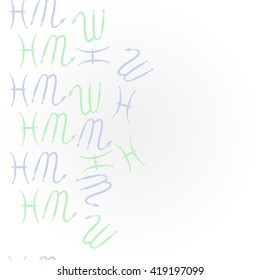 Vertical pattern of zodiac signs, doodles, object,pisces,scorpio, copy space. Hand drawn.