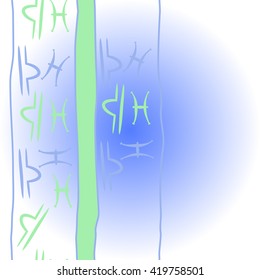 Vertical pattern of zodiac signs, doodles, object,pisces,libra,stripes, spot, copy space. Hand drawn.