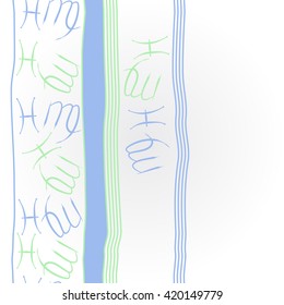 Vertical pattern of zodiac signs, doodles, object,pisces,virgo,stripes, spot, copy space. Hand drawn.