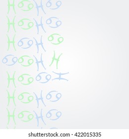 Vertical pattern  of zodiac signs, doodles, object,cancer, pisces, copy space. Hand drawn.
