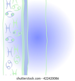 Vertical    pattern  of zodiac signs, doodles, object,cancer, pisces,stripes, spots,ellipses, copy space. Hand drawn.