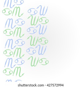 Vertical pattern  of zodiac signs, doodles, object,cancer,scorpio,  copy space. Hand drawn.