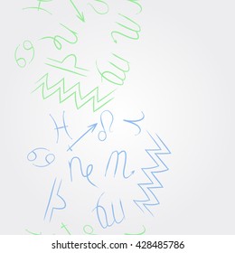 Vertical pattern of zodiac signs, doodles, object,cancer,virgo,aries,cancer,lion,scorpio,sagittarius,capricorn,aquarius,pisces, copy space . Hand drawn.