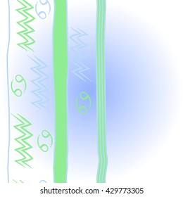 Vertical     pattern of zodiac signs, doodles,  object,cancer, aquarius, stripes, spot, copy space. Hand drawn.