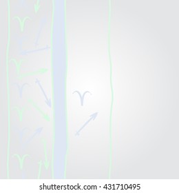 Vertical     pattern of zodiac signs, doodles,  object,aries,sagittarius, stripes, spot, copy space. Hand drawn.