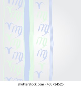     vertical  pattern of zodiac signs, doodles,  object,aries,virgo, stripes, spot, copy space. Hand drawn.