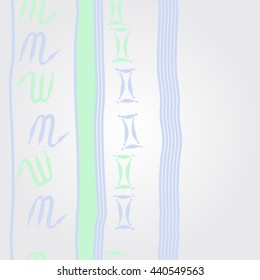Vertical   pattern of zodiac signs, doodles,  object, gemini,scorpio, stripes, spot, copy space. Hand drawn.