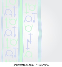 Vertical    pattern of zodiac signs, doodles,  object, taurus,sagittarius, stripes, copy space. Hand drawn.