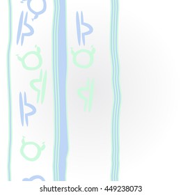 Vertical    pattern of zodiac signs, doodles,  object, taurus,libra, stripes, spot, copy space. Hand drawn.