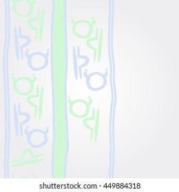 Vertical     pattern of zodiac signs, doodles,  object, taurus,libra, stripes, copy space. Hand drawn.