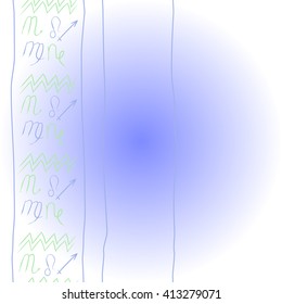 Vertical pattern of zodiac signs,stripes, doodles,lions, capricorn,object,aquarius, virgo,sagittarius,scorpio, copy space. Hand drawn.