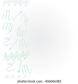 Vertical     pattern of zodiac sings, virgo, aquarius,scorpio, sagittarius, capricorn,zigzag, copy space. Hand drawn.