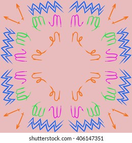 Vertical    pattern of zodiac sings, virgo, aquarius,zigzag, sagittarius, scorpio, capricorn, copy space. Hand drawn.