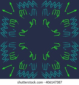 Vertical    pattern of zodiac sings, virgo, aquarius,zigzag, sagittarius, scorpio, capricorn, copy space. Hand drawn.