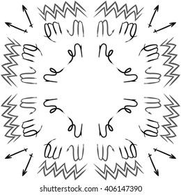 Vertical    pattern of zodiac sings, virgo, aquarius,zigzag, sagittarius, scorpio, capricorn, copy space. Hand drawn.