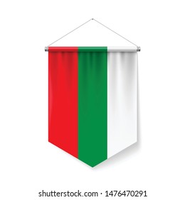 Vertical Pennant Flag of Bulgaria as Icon on White with Shadow Effects. Patriotic Sign in Official Color and Flower Bulgarian Flag with Metallic Poles Hanging on the Rope