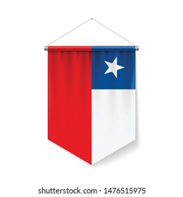 Vertical Pennant Flag of Chile as Icon on White with Shadow Effects. Patriotic Sign in Official Color and Flower Chilean Flag with Metallic Poles Hanging on the Rope