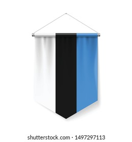 Vertical Pennant Flag of Estonia as Icon on White with Shadow Effects. Patriotic Sign in Official Color and Flower, Estonian Flag with Metallic Poles Hanging on the Rope