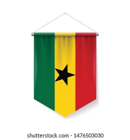 Vertical Pennant Flag of Ghana as Icon on White with Shadow Effects. Patriotic Sign in Official Color and Flower Ghanaian Flag with Metallic Poles Hanging on the Rope